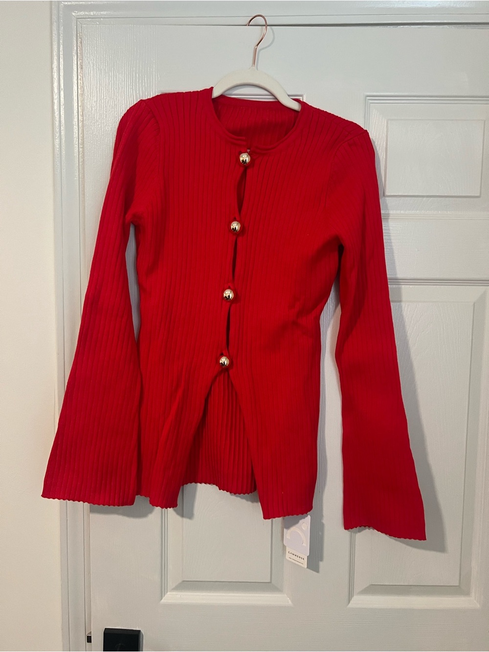 Commense Red Ribbed Button-Front Women's Sweater - Picture 2 of 3